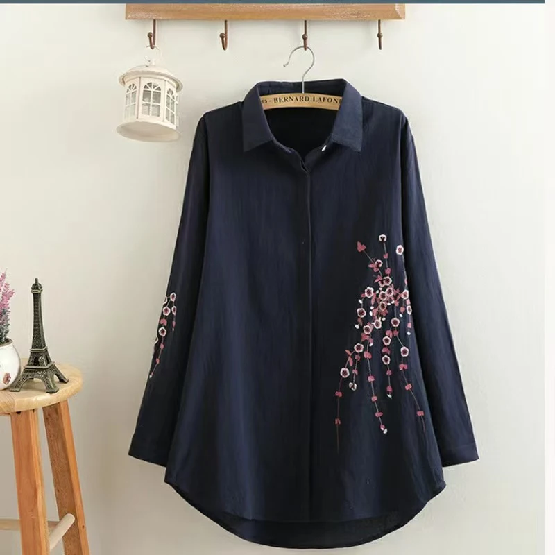 Ln The Spring 2025 Long Embroidered Cotton Linen Shirts In Large Size Female Wear Loose Fashion Blouse Embroidered Coat