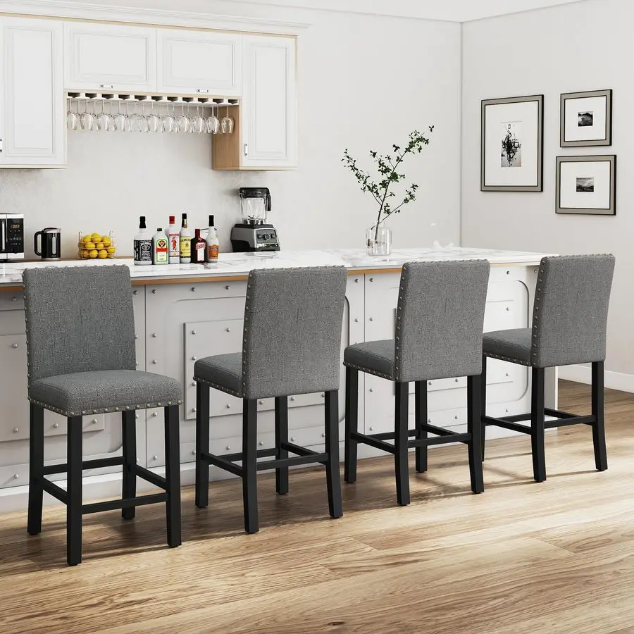 

24 inch Bar Stools Set of 4, Counter Height Bar Stools with Backs, Nail Head Barstools with Wood Legs, Upholstered Kitchen Islan
