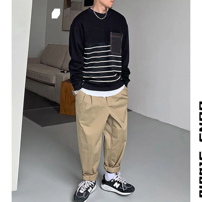 2023 Spring and Autumn Men's Fashion Simple Round Neck Spliced Stripe Long Sleeve Loose Casual Thin Versatile Sweater T-shirt