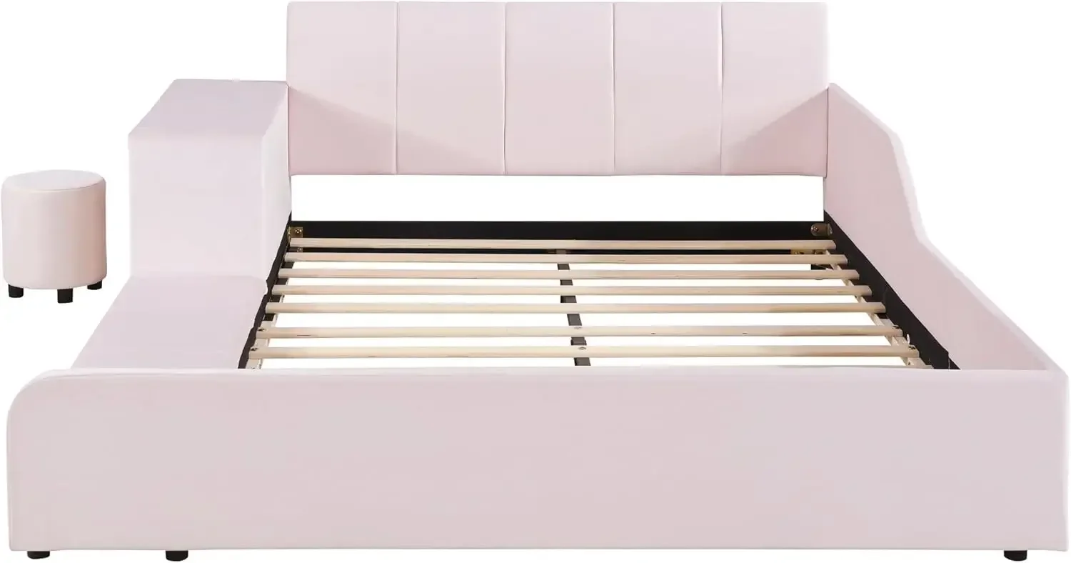 سرير بمنصة سرير منجدة مخملية، إطار سرير خشبي كامل الحجم للأم والطفل مع مكتب بجانب السرير ومقعد دائري صغير