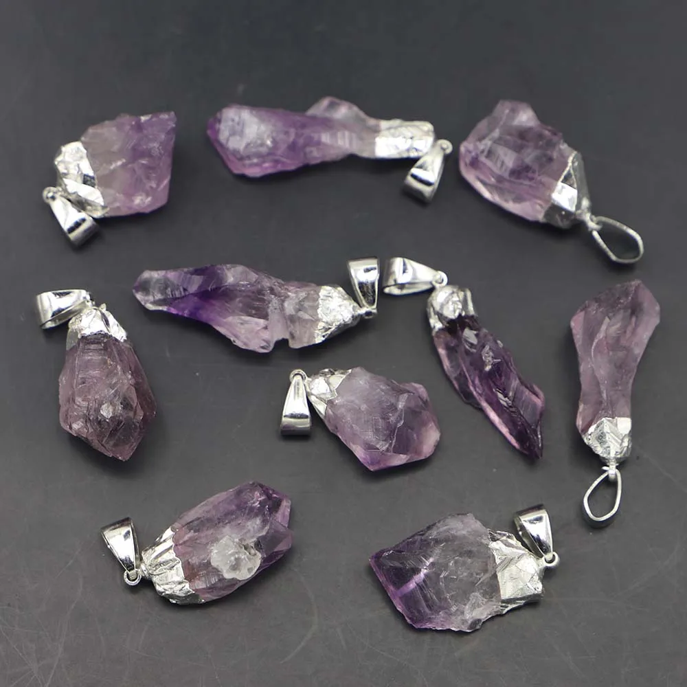 Hotsell Natural Stone Amethyst Silver Irregular Gold Pendant Fashion Reiki Charm Necklace DIY Jewelry Accessories Wholesale12Pcs