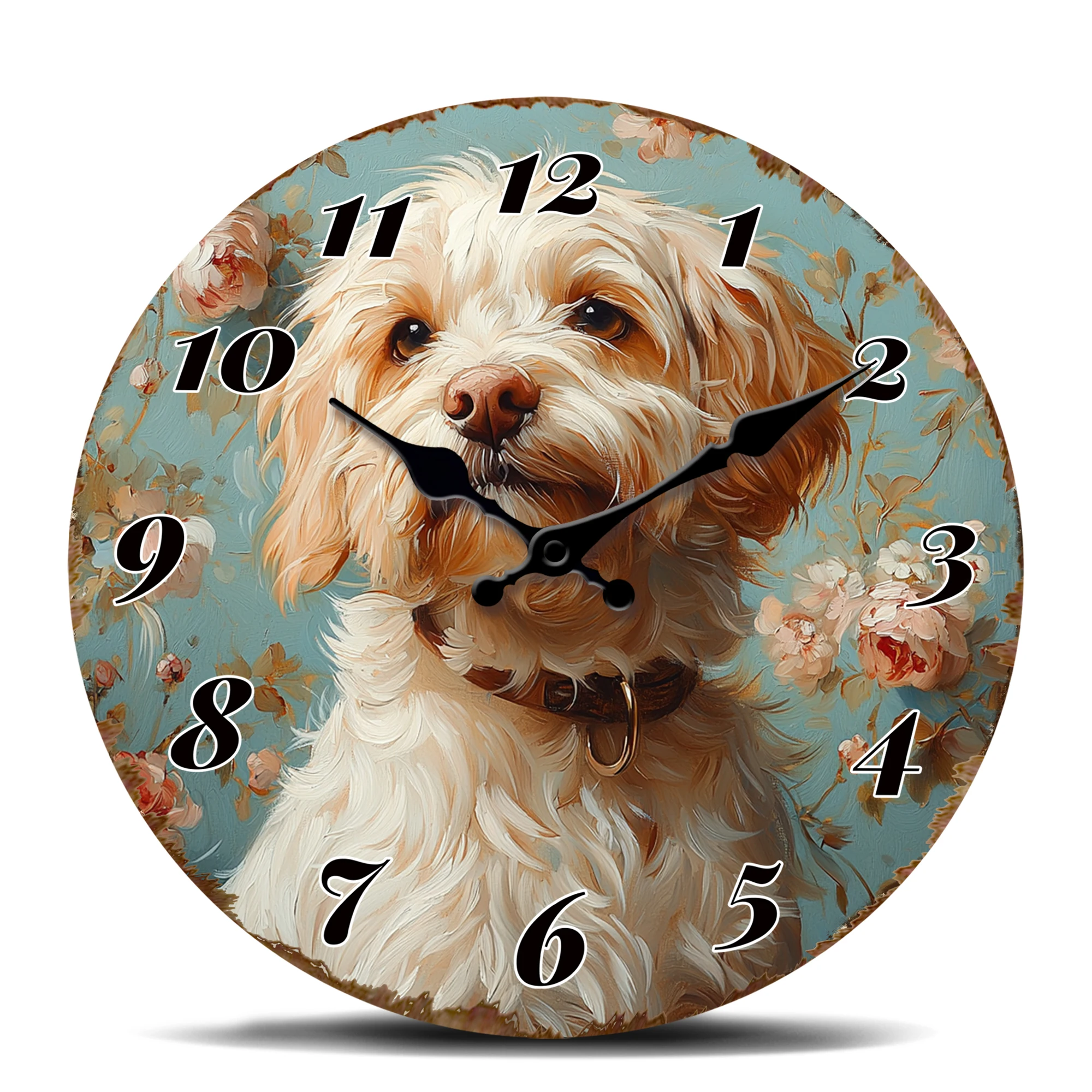 Flauschiger Hund mit Blumenhintergrund-Wanduhr, dekorative, leise Quarzuhr mit niedlichem Haustiermotiv