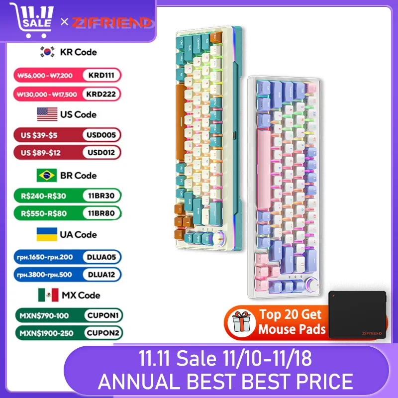 ZIFRIEND ZA68 Pro 68 Keys 3 Modes Mechanical Keyboard PBT RGB Wirless Bluetooth 2.4GHz Hot Swappable 65% 60% Gaming Keyboards