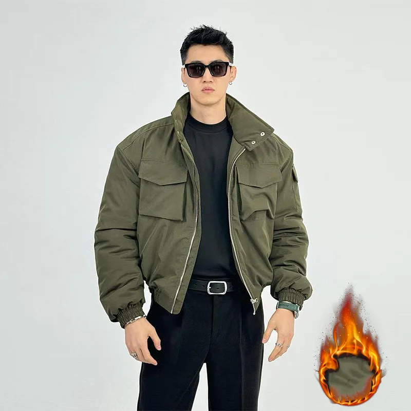 

Autumn Winter Men Bomber Jacket American Retro Stand Collar Male Cargo Coat Long Sleeve Pocket Zipper Loose Man Outerwear