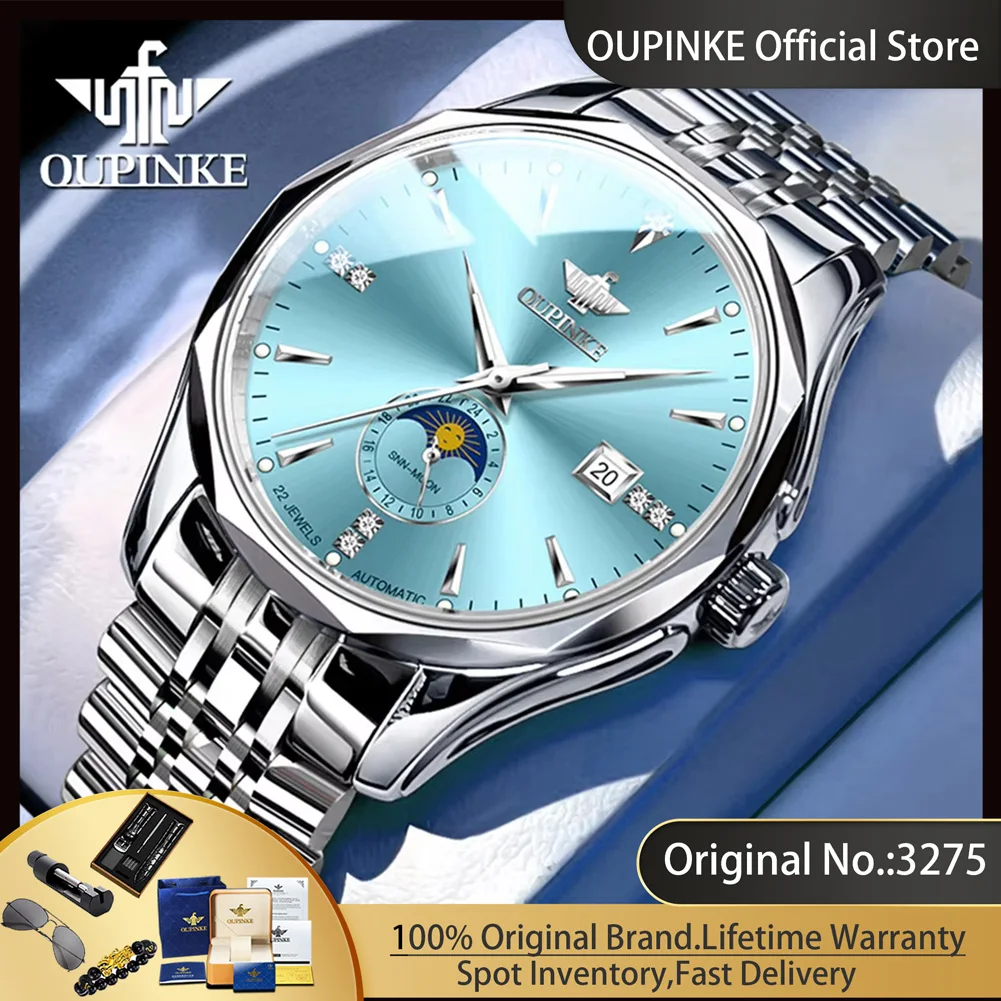 

OUPINKE автоматические мужские часы из нержавеющей стали 3275, водонепроницаемые механические мужские часы с фазой Луны, оригинальные роскошные брендовые наручные часы