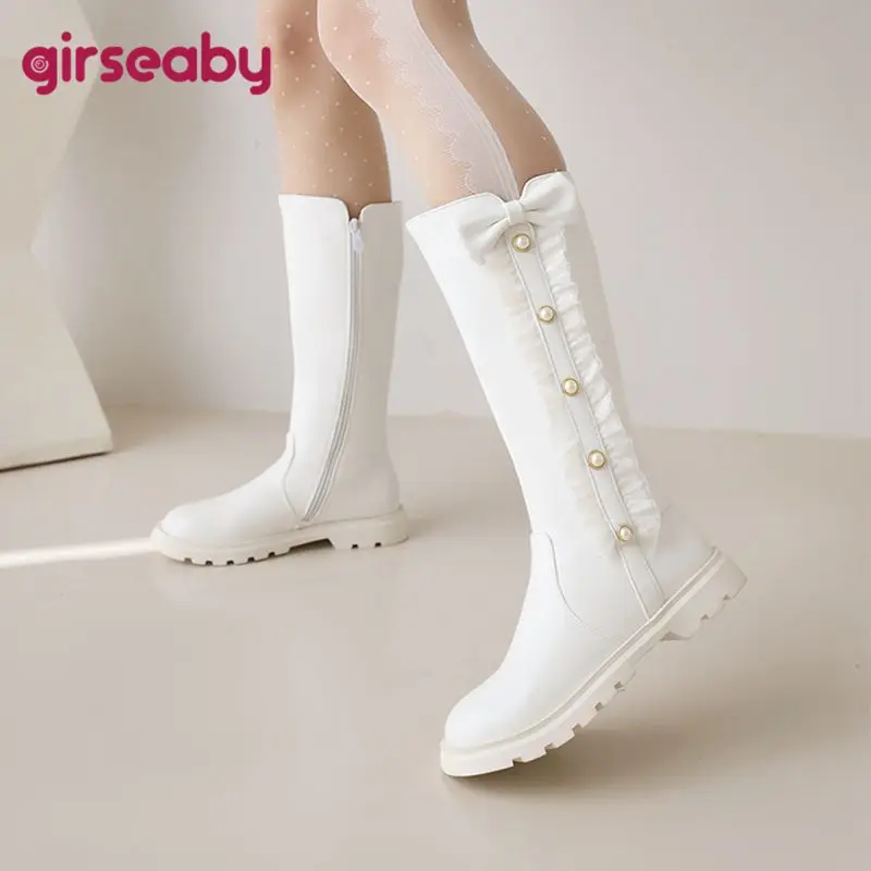 

Girseaby, модные милые студенческие ботинки до середины икры в стиле ретро, туфли на плоской подошве с круглым носком, маленький размер 31, 32, 33, зимние боковые ботинки