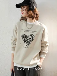 LOUIS YAO 2024 Winter Thick Velvet Loose and Simple Round Neck Love Letter Printed Micro Elastic Long Sleeve Women's Hoodie