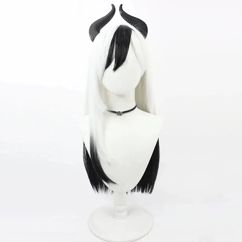 CyBlue Archive Onikata Kayoko Cosplay Wig 70cm Long Black White Synthetic Hair Heat Resistant Halloween Role Play + Free Wig Cap view 6