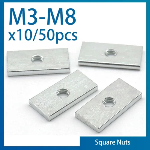 10/50 Uds tuerca cuadrada M3 M4 M5 M6 M8 tuercas rectangulares finas de acero al carbono galvanizadas bloque deslizante para accesorio de perfil de aluminio