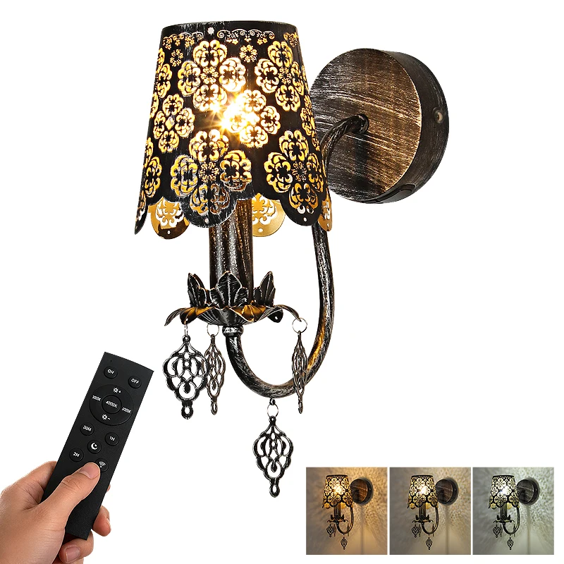 Vintage Battery Operated Wall Sconce Wireless Rechargeable Wall Lamp with Remote Control, 4000mAh Type-C Detachable Battery, 3 Color Temps Dimmable 10%-100%, Crystal Metal Cutout Shade, Cordless Wall Light for Bedroom Living Room Dining Room Hallway Decor