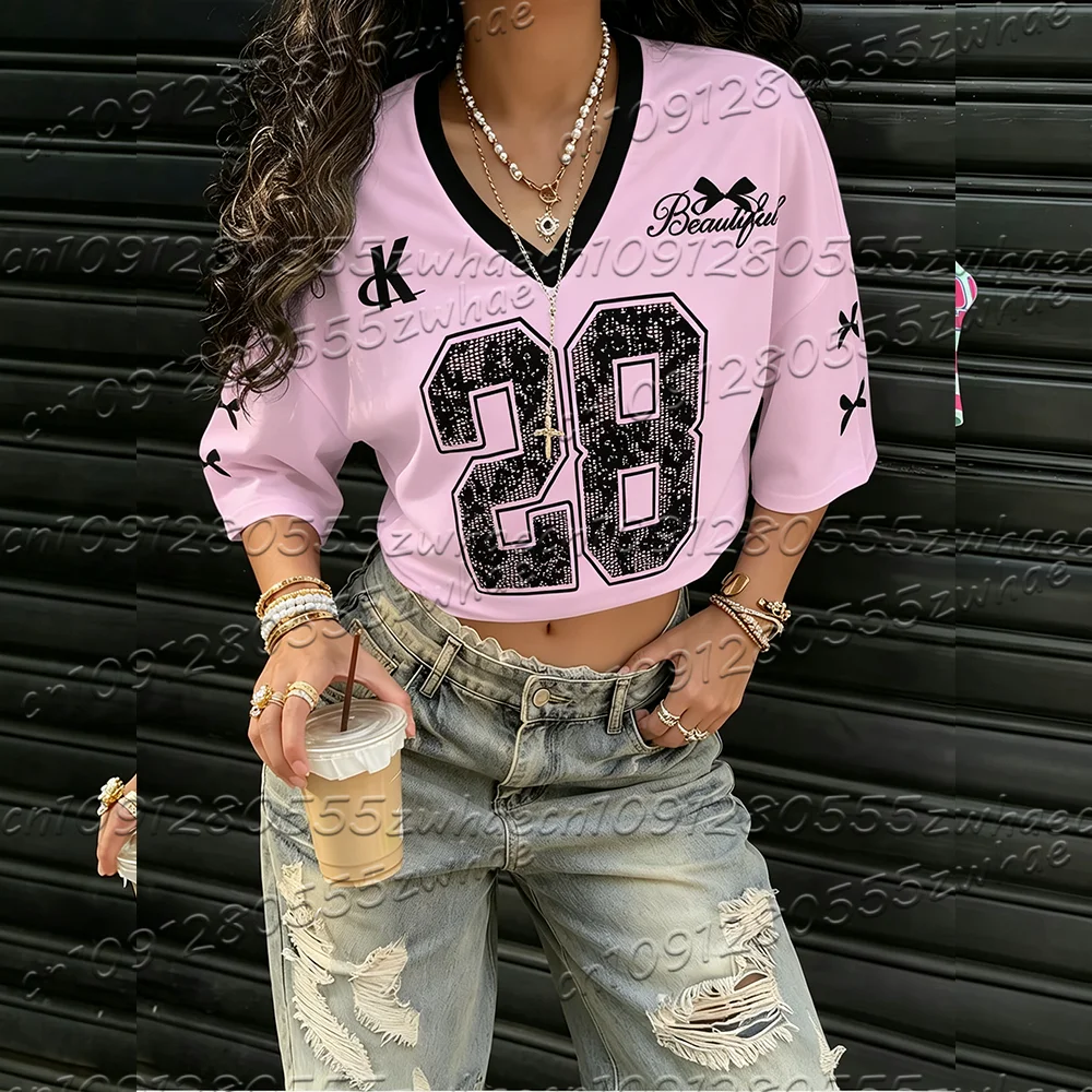 2026 Summer Black Speed 23 Printed Women's V-neck Short Sleeved Sports Football Shirt Y2K Loose Short Casual Top