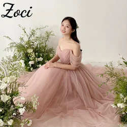 Zoci Elegant Blush Pink Korea Evening Dresses Sparkly Shiny Tulle Wedding Photo Shoot Dresses Off Shoulder Customized Bride Gown