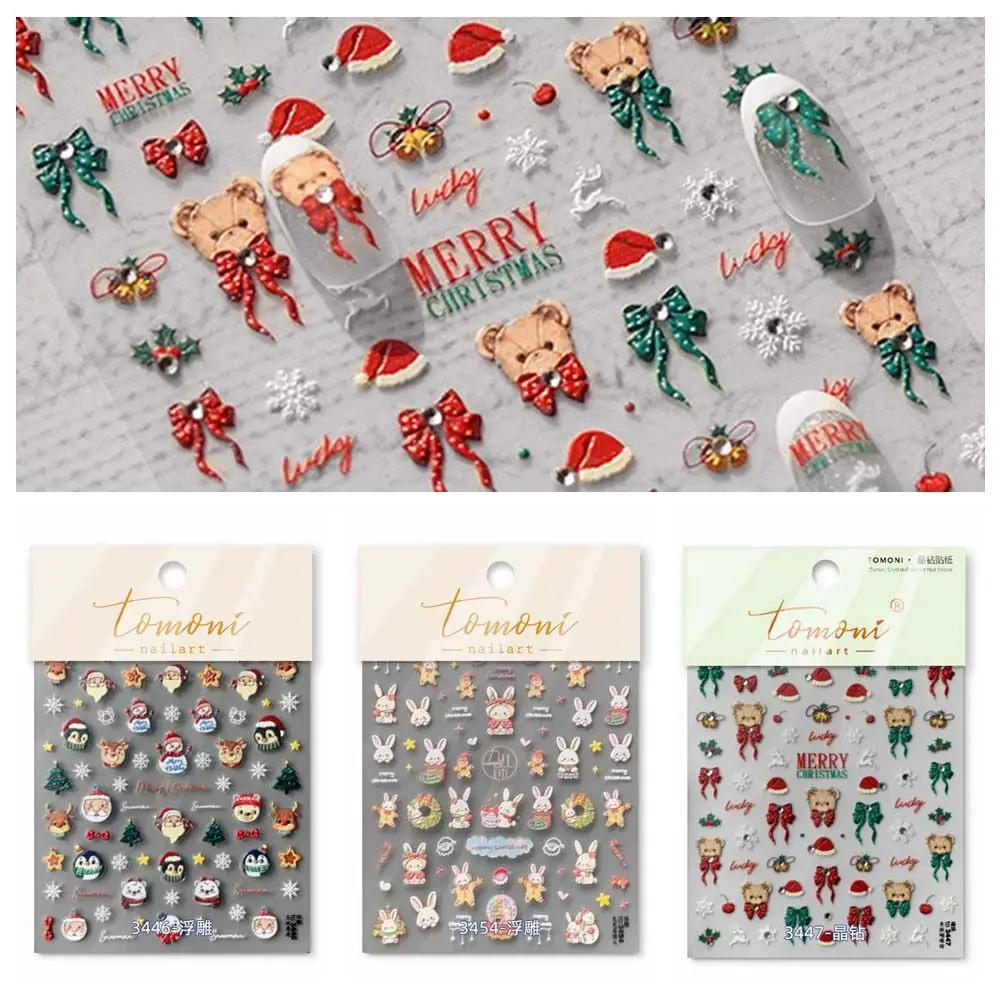 DIY Nail Charms Christmas Diamond Nail Stickers Nail Accessories Embossed Stickers Christmas Cartoon Nail Decals Xmas Tree