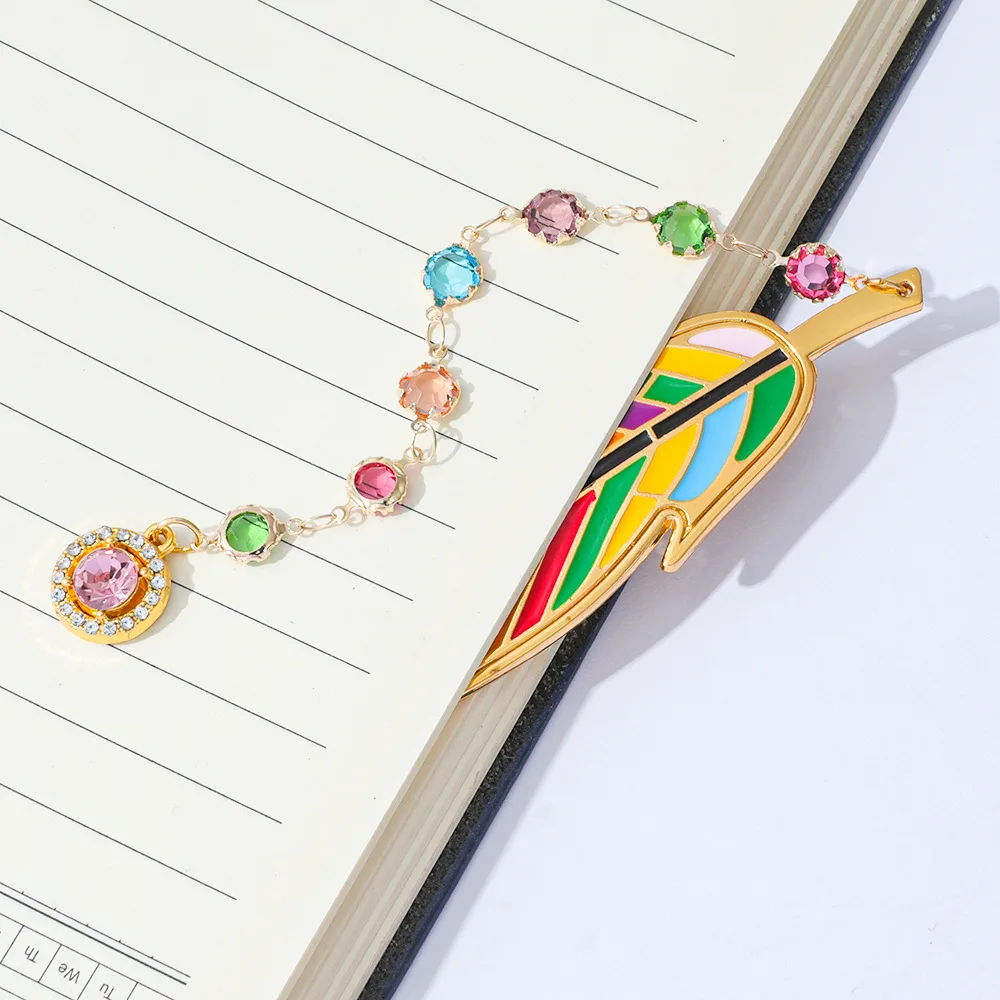 Creative Colorful Enamel Feather Metal Bookmark With Crystal Chain Pendant Page Holder Reading Accessories Stationery