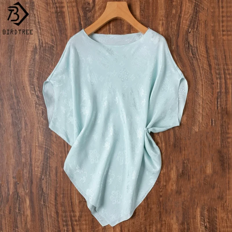 Birdtree, 100% Silk Bias-cut Tshirt, Slash Neck Batwing Sleeve Tops, Women Jacquard Full Hole Luo Cool Shirt, 2026 New T66602JF
