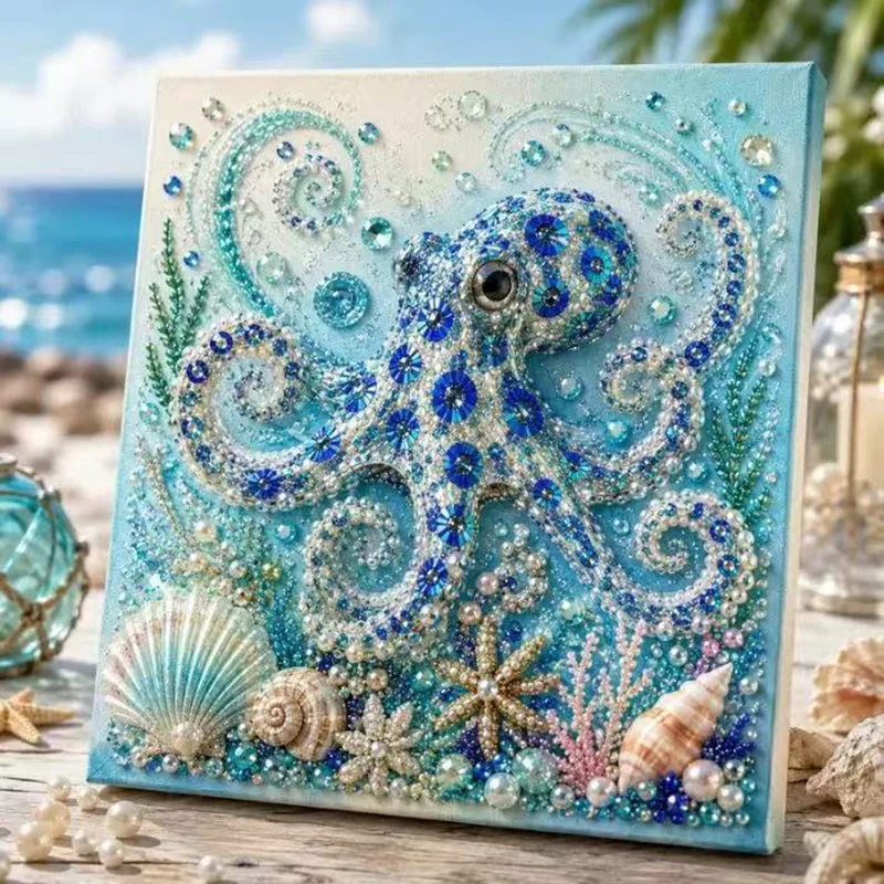 Ocean Diamond Pearl Painting DIY Kit 3D Turtle Octopus Whale Design Pearl Art Kits for Adult Beginner Friendly Crafting Relaxing