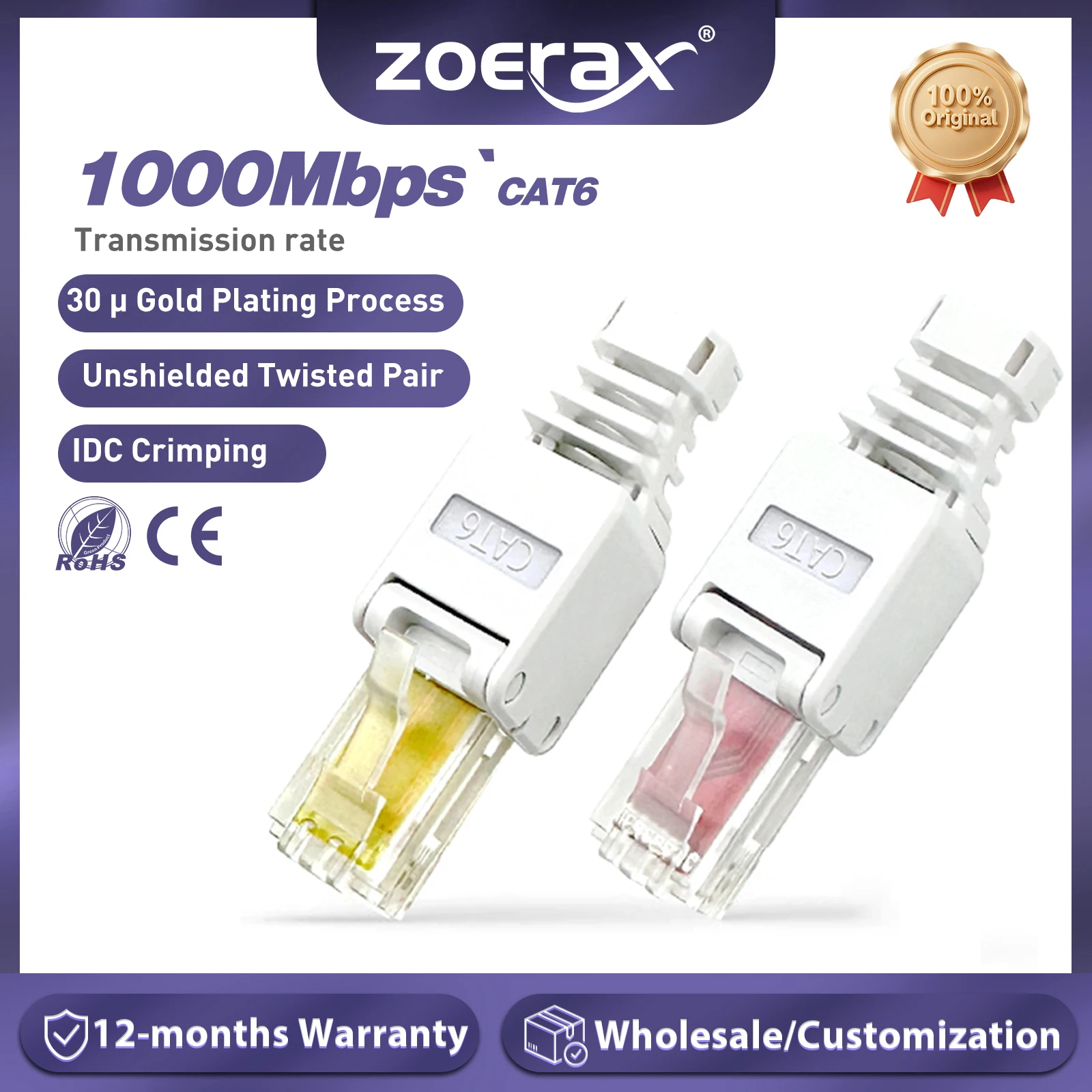 

ZoeRax 1 шт., разъем RJ45 без инструментов для UTP CAT6A/CAT6/CAT5E, без обжима, интернет-RJ 45 для 23awg-26awg, концы шнура LAN без инструментов