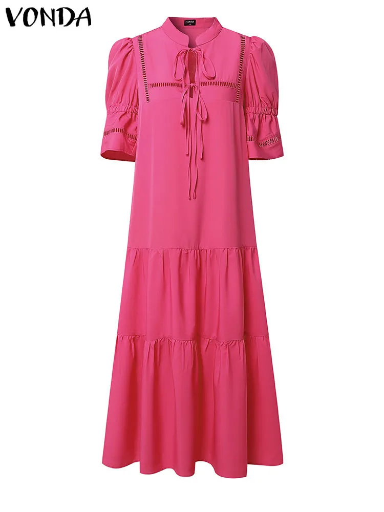 

Plus Size Women Dress Elegant Ruffled Long Sundress Fashion Short Sleeve Party Vestidos Lace-up Solid Robe 2025 VONDA
