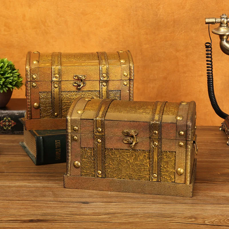 

Wooden Gold Treasure Box Weathered Photo Prop Pirate Chest Window Display Decoration Home Desktop Decor