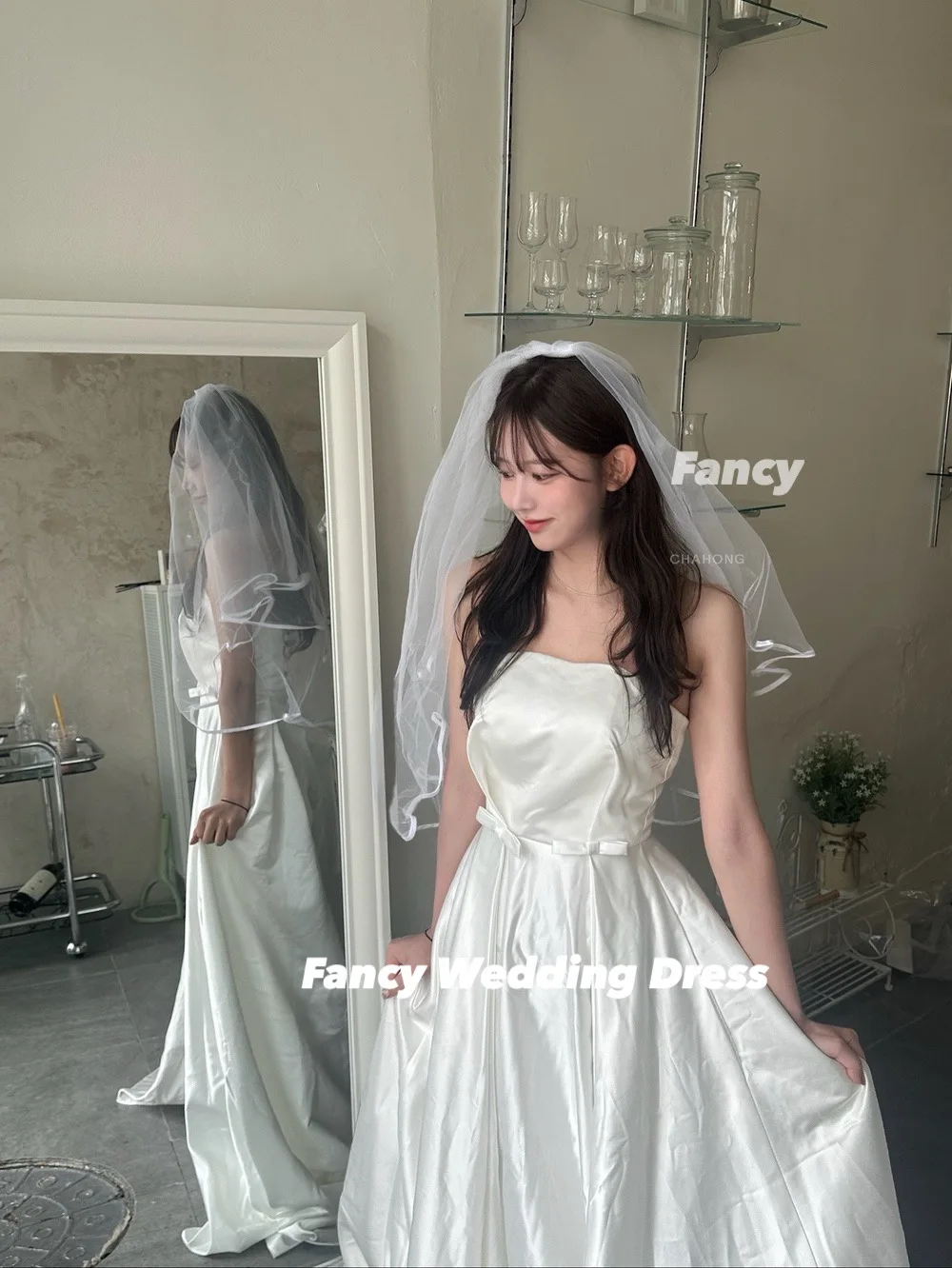 فستان زفاف كوري بسيط فاخر بدون حمالات بفيونكة عالية الجودة من الساتان الناعم فساتين سهرة على شكل حرف A مشد خلفي لحفلات الزفاف حسب الطلب #3