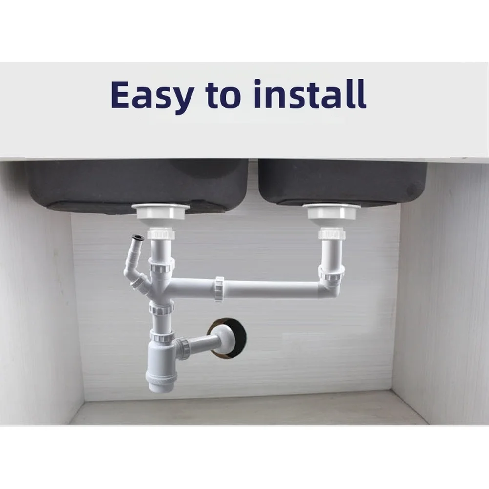 Wall Mounted Sink Drain Pipe with Dual Outlet and U Bend Water Seal Trap to Block Sewer Gases Constructed from PP