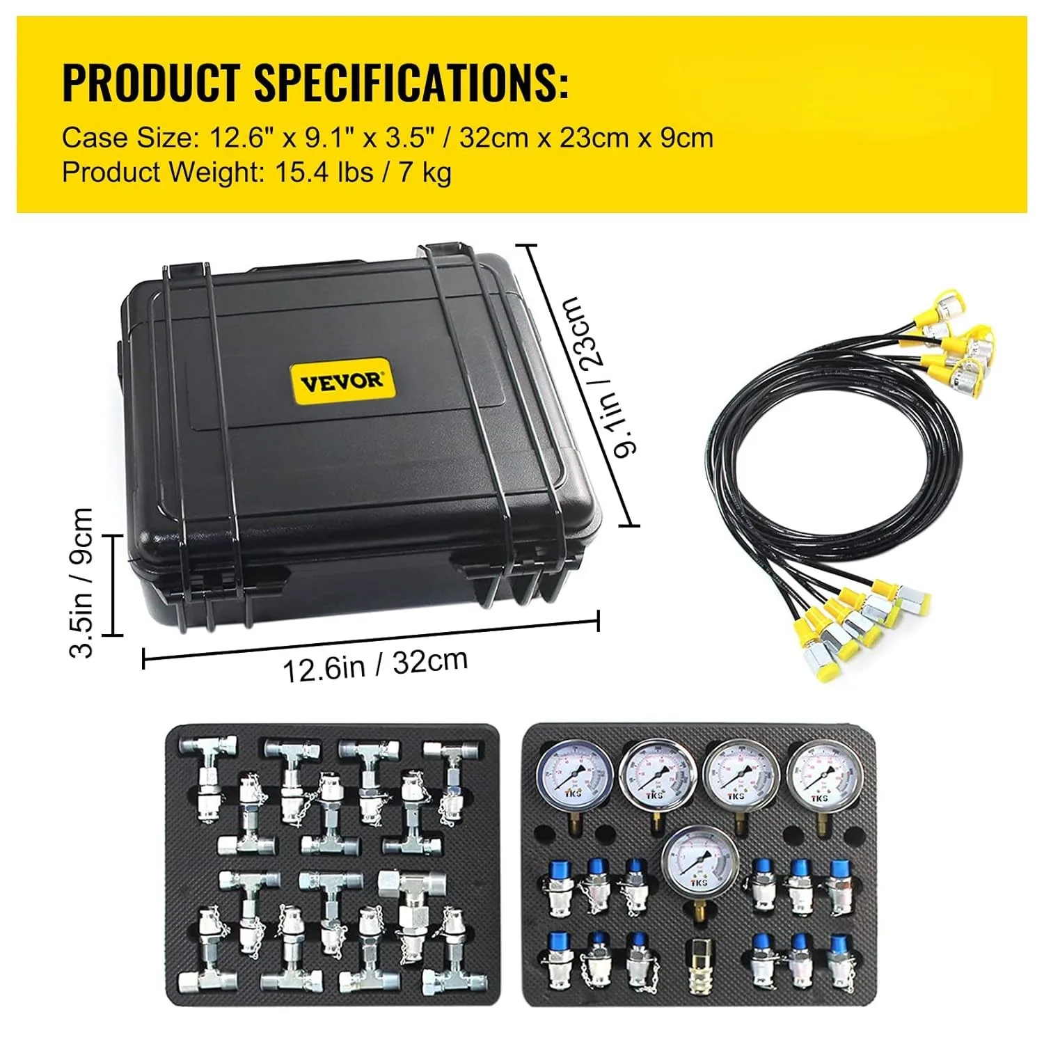 Hydraulic Pressure Test Kit, 10/100/250/400/600bar, 5 Gauges 13 Test Couplings 14 Tee Connectors 5 Test Hoses