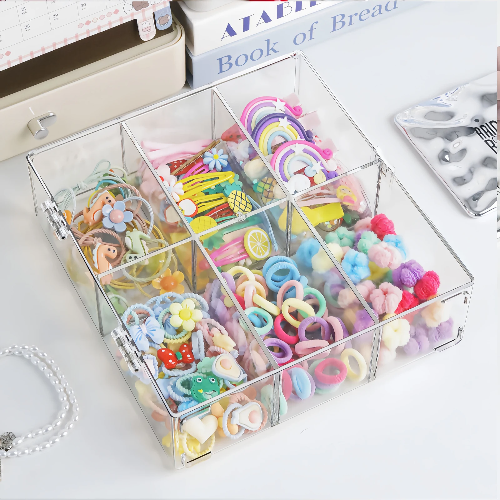 

Acrylic Hair Accessories Storage Box with Lid, Dust-proof Jewelry Box, 6-Grid Transparent Display Box for headband hair clip