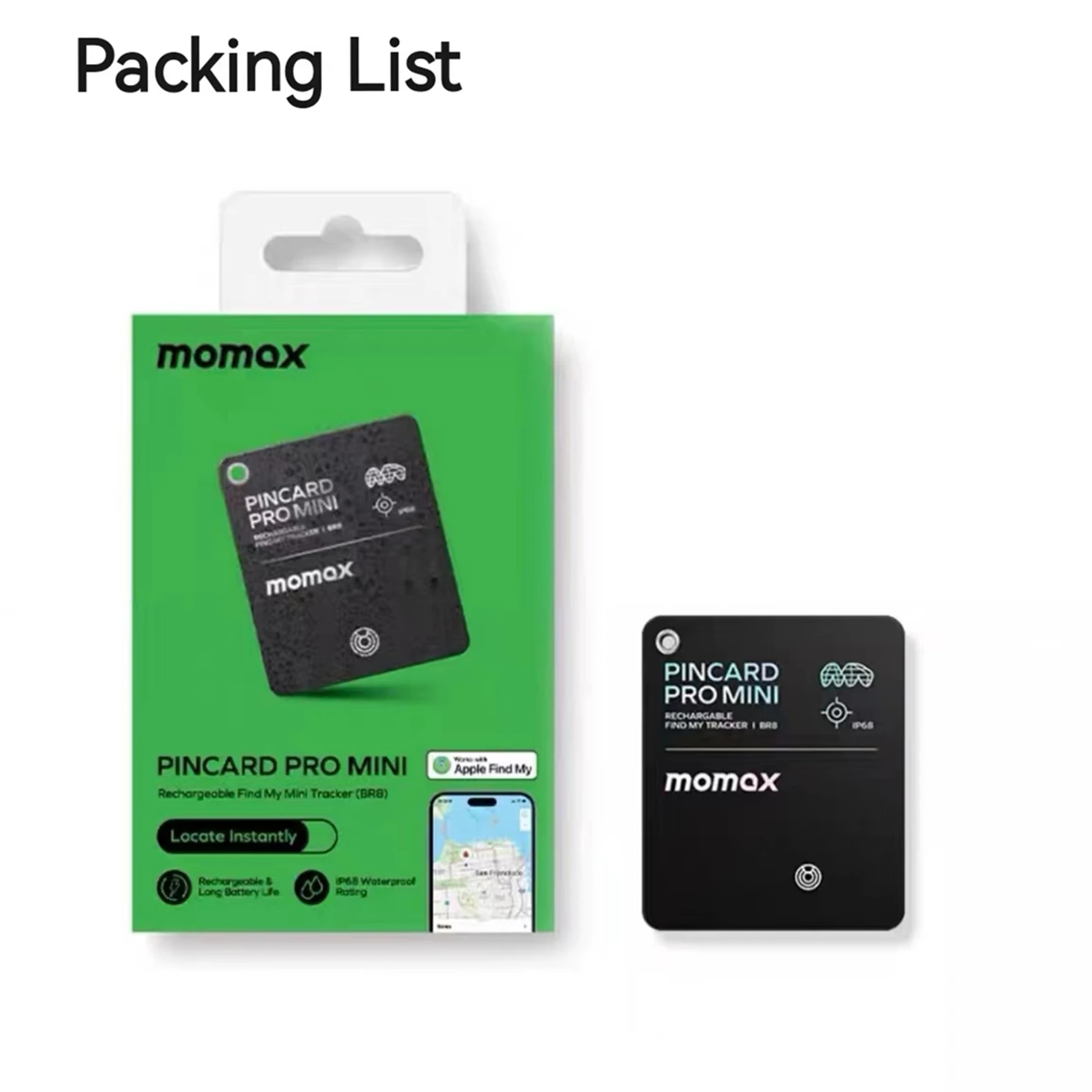 MOMAX Pincard Pro Mini Wallet Finder Rechargable Tracker Card Slim Locator Tag Wireless Charge for Luggage Suitcase Pet Kid