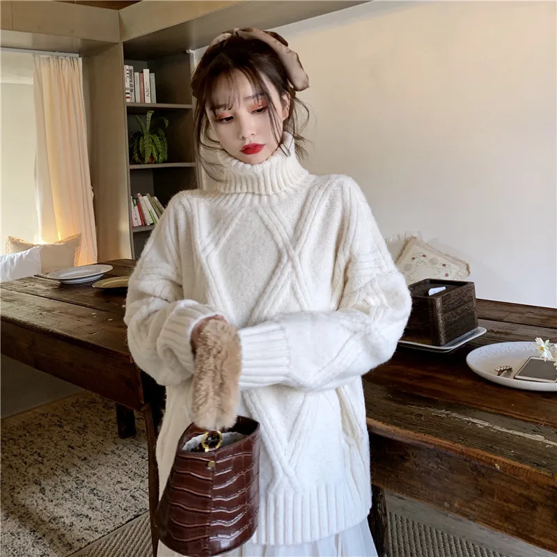 Korean Turtleneck Knitted Sweater Women 2024 Autumn Pink Beige Purple Long Sleeve Casual Loose Jumpers Ladies Pullover Knitwear