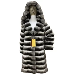Abrigo largo de piel auténtica de conejo Rex con capucha, chaqueta de lujo, superventas, invierno, 2024