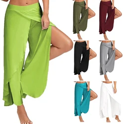 Women Wide Leg Pants Yoga Split Trousers Female Elastic Wasit Casual Loose Fitness Open Leg Pants Solid Color Harem Pants