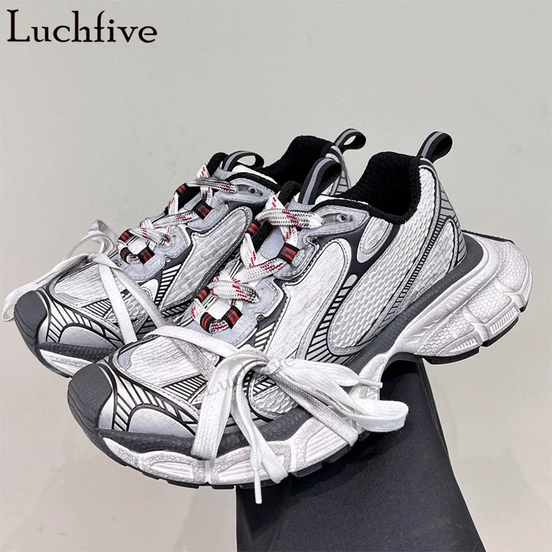 

Unisex Flat Platform Shoes Women Mesh Breathable Daddy Sneakers Men Thick Sole Lace Up Couple Runners Sports Shoes Woman 35-45