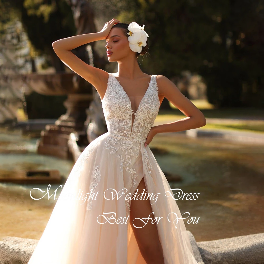 Sexy Kant A-lijn Trouwjurk Geappliceerd Hoge Kant Split Open Rug Spaghettibandjes V-hals Plooi Vestidos De Novia Aangepaste