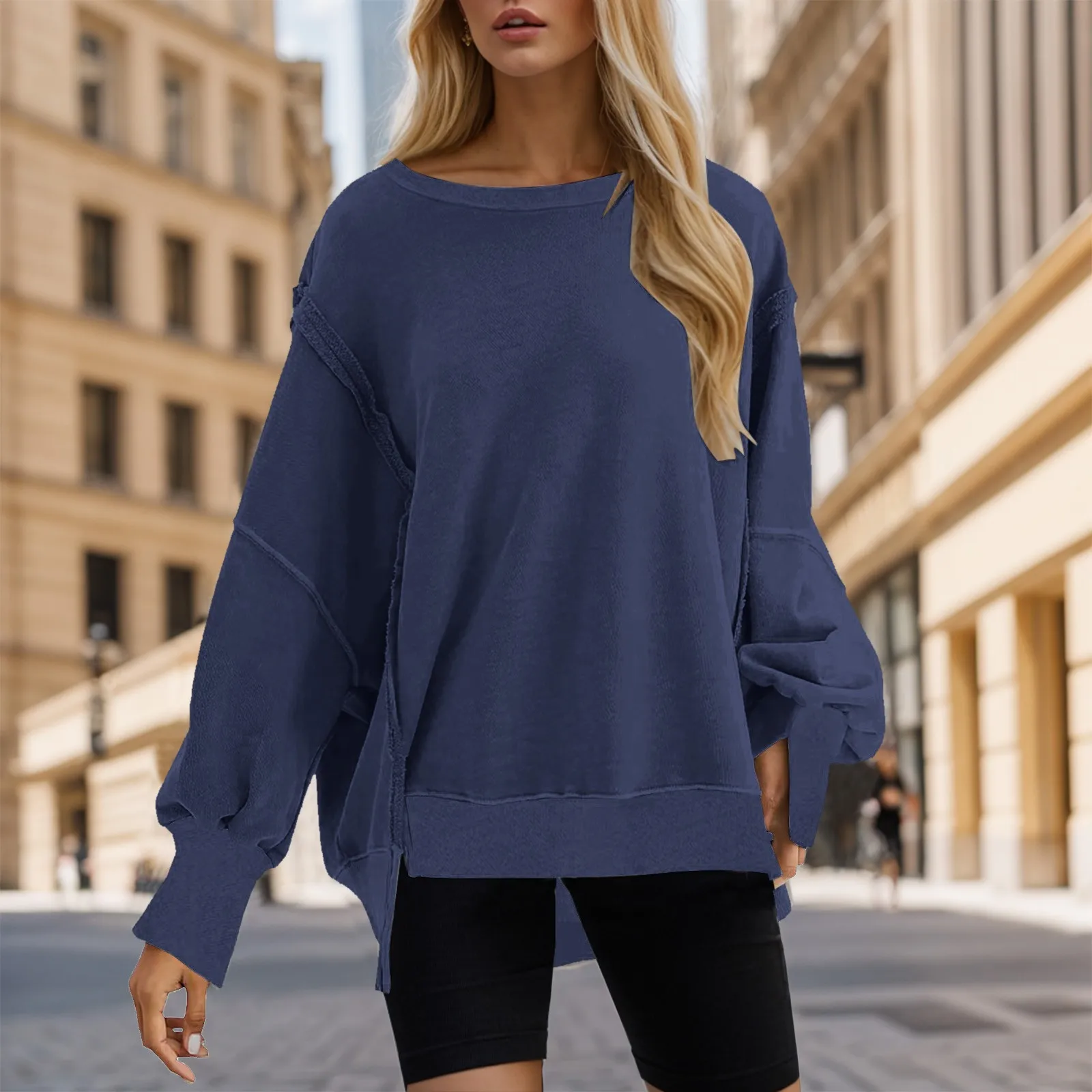 Felpa quotidiana da donna Girocollo oversize Tinta unita Pullover casual Top Mujer Split Manica lunga Primavera Autunno T-shirt