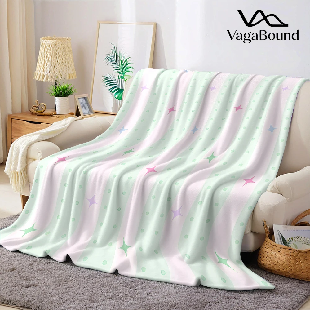 Mint Pink Dots Stars Flannel Blanket Cartoon Printed Throw Blanket for Kids Adults Soft Plush Bed Sofa Cover Gift