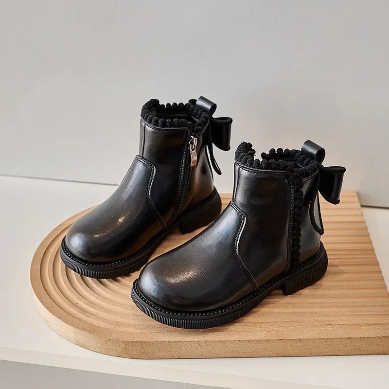 Girls Ankle Boots with Back Bow-knot Kids Short Boots Soft Sole 2026 New Girls' Princess Leather Boots with Warm Cotton Side Zip