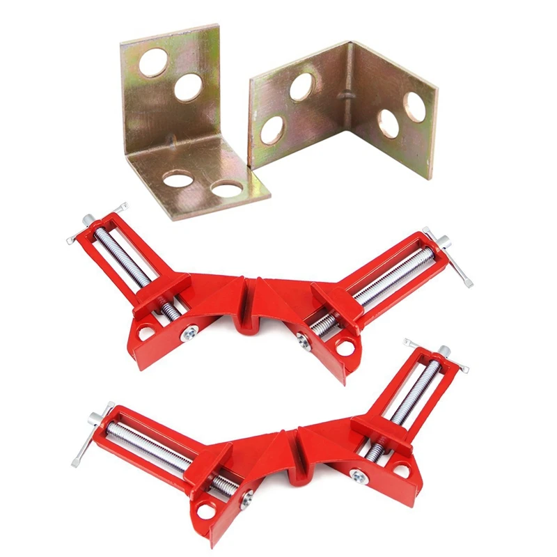 12Pcs Metal Shelf 90 Degree Right Angle Bracket Brass Tone & 2Pcs Corner Clamps 3Inch 90 Degree Right Angle Clamp