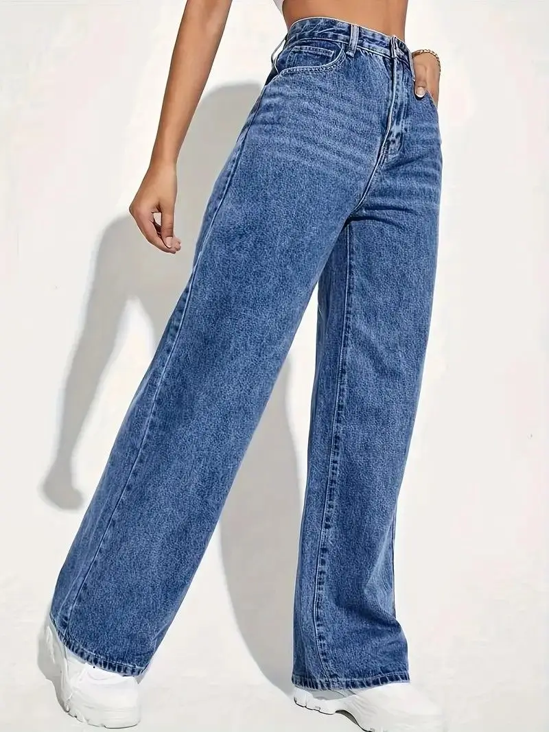 Modne retro niebieskie jeansy damskie y2k, luźne spodnie proste w stylu high street, spodnie wyszczuplające z wysokim stanem. — zdjęcie 4