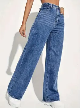 Fashion retro blue jeans women y2k High street baggy straight pants High waisted all-in-one slim pants 3