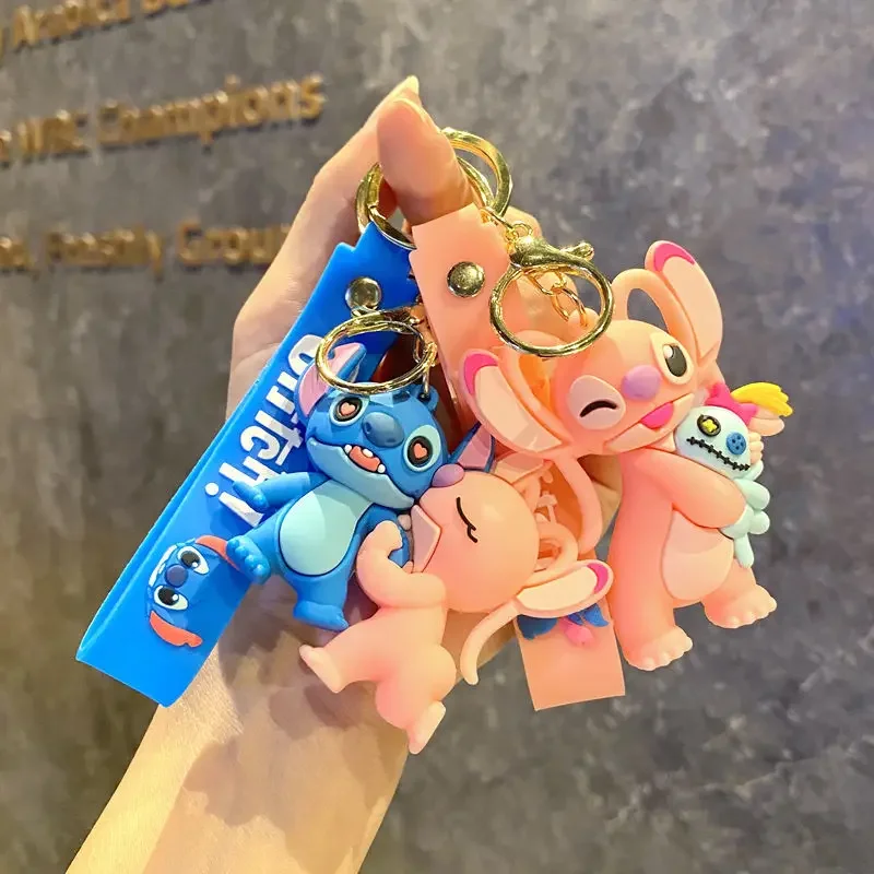 MINISO Cute Disney Rosas Stitch doll Keychain Cartoon Minnie Keyring Hanging Couples Bag Pendant Small Gift