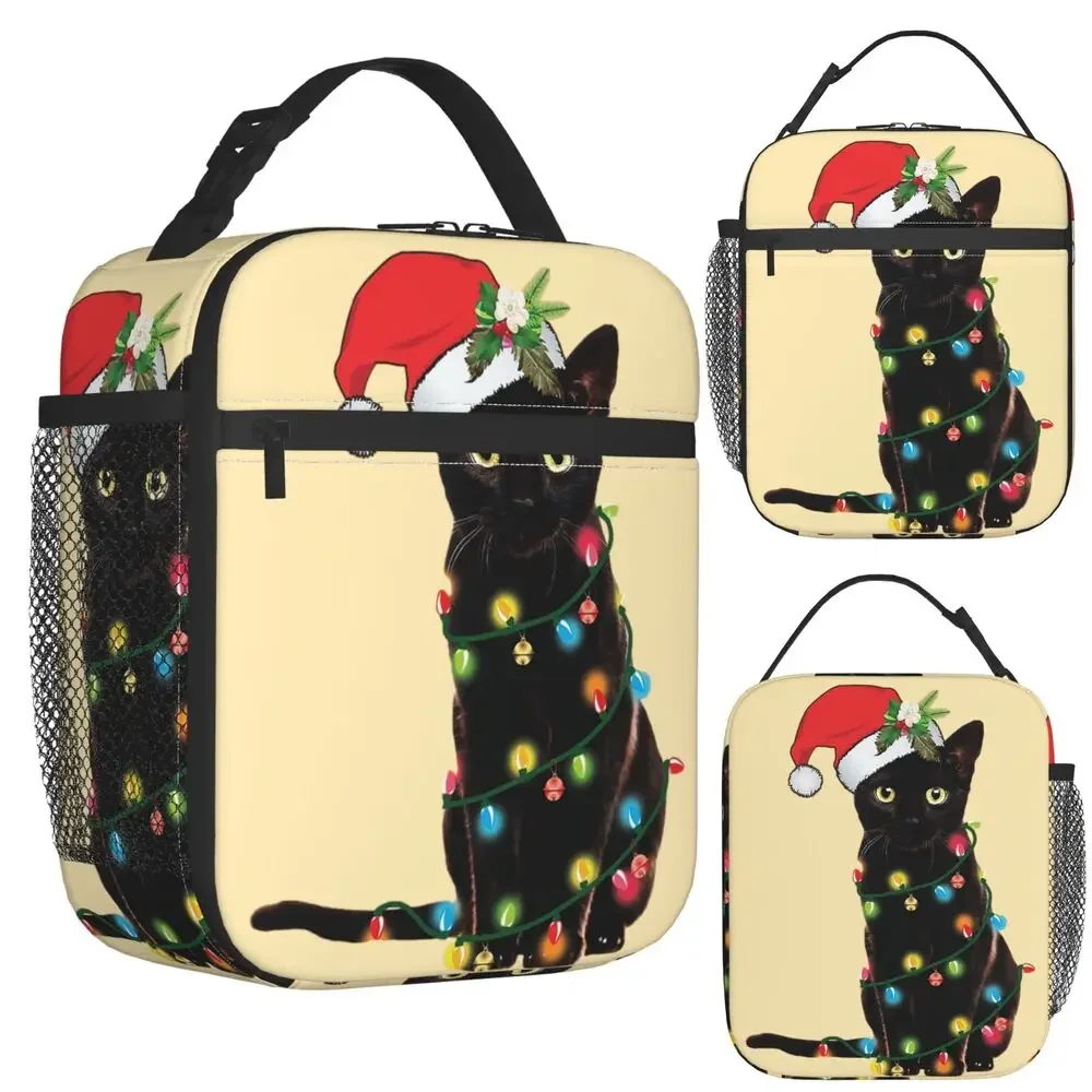 Black Santa Cat Tangled Up In Lights Christmas Santa Insulated Lunch Bag Children Portable Food Boxes Thermal Lunch Box Tote