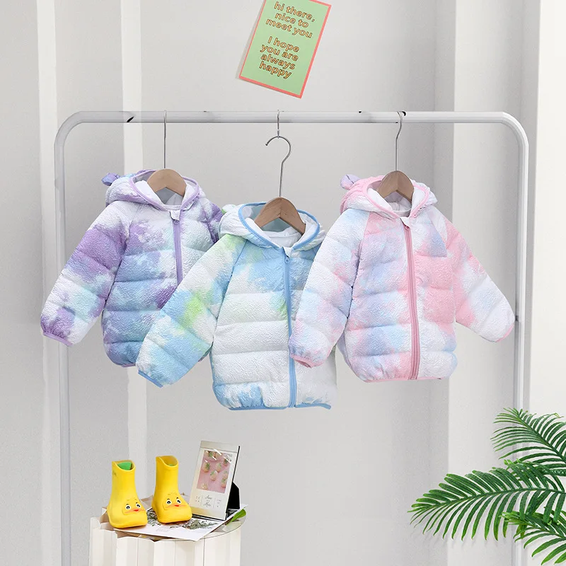 

Winter Children's Small Ears Cotton Coat Boys Fashion Warm Tie-Dye Jacket Autumn New Girls Light Hooded Casual Clothes 12M-5Y