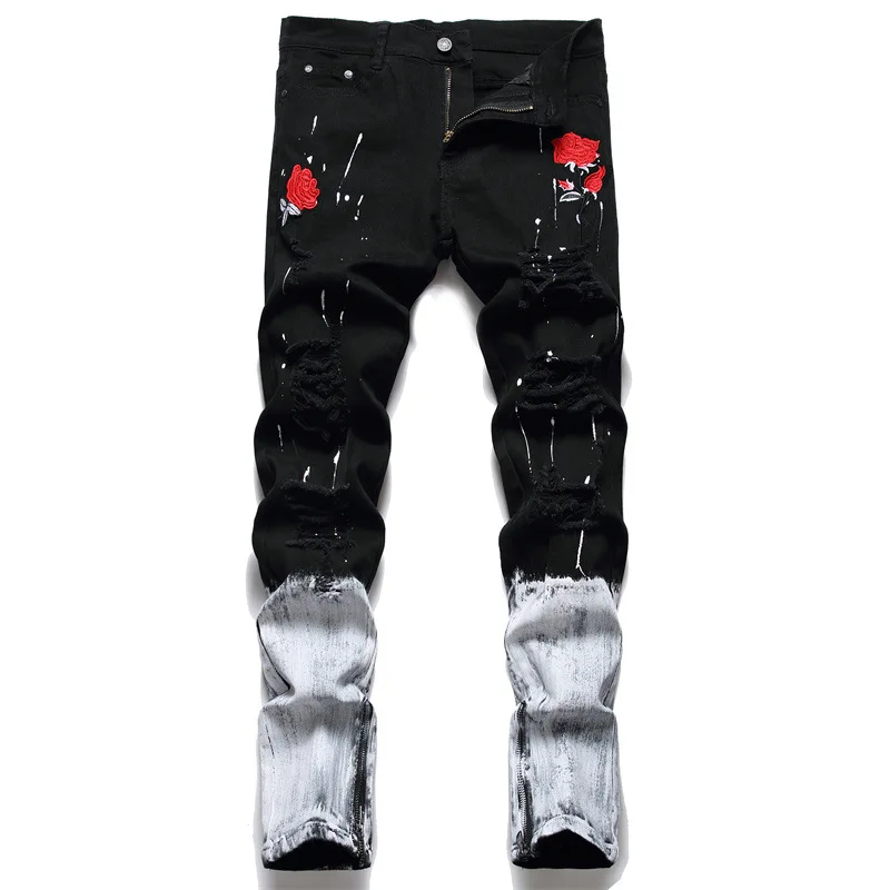 2024new style white embroidered rose jeans men's street cool fashion elastic skinny ripped trousers