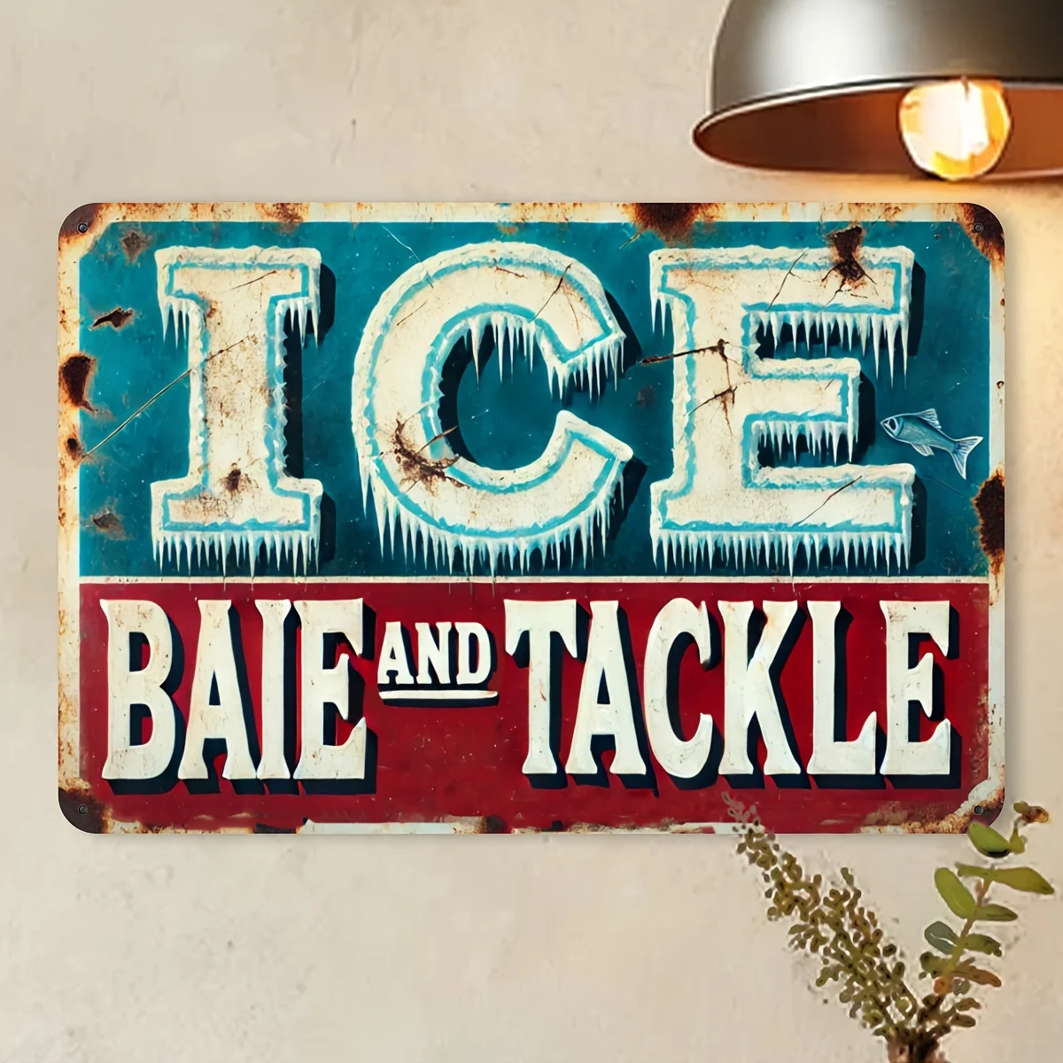 Vintage-Style ICE Bait and Tackle Retro Fishing Themed Aluminum Wall Decor Sign, Weathered Look Metal Plaque,  for Bar, Garag