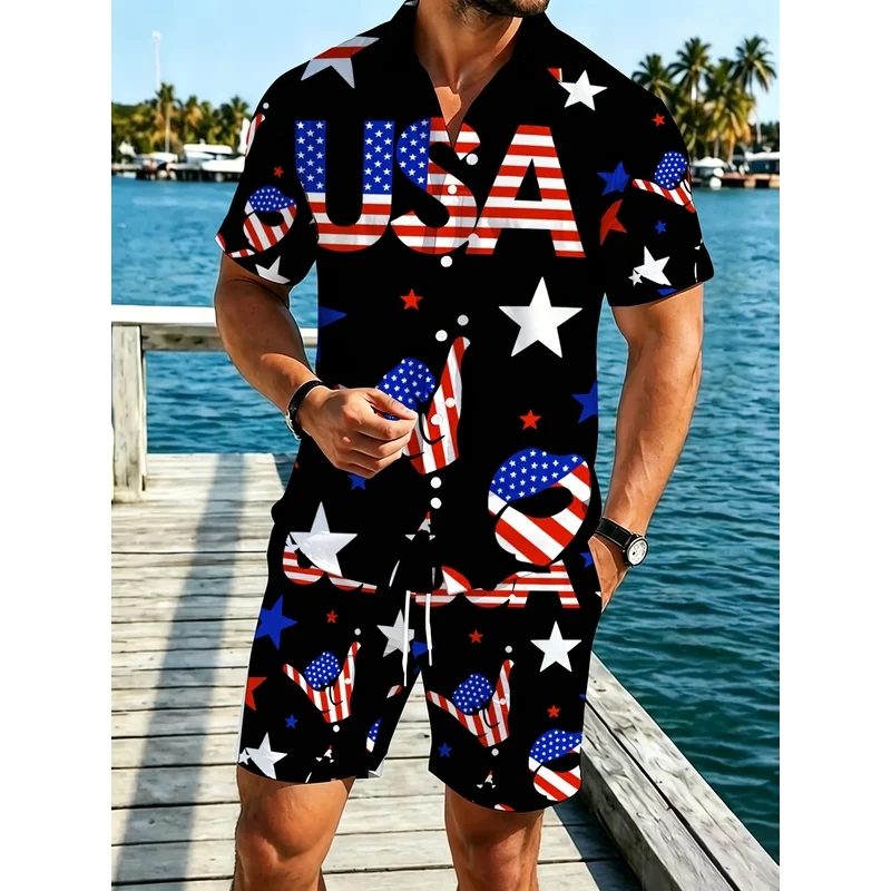 Conjunto de Camisa y Pantalones Cortos para Hombre con Estampado de la Bandera de EE. UU., Ligero, de Poliéster, Informal, para Playa, Fiesta, Aire Libre, con Diseño de Estrellas