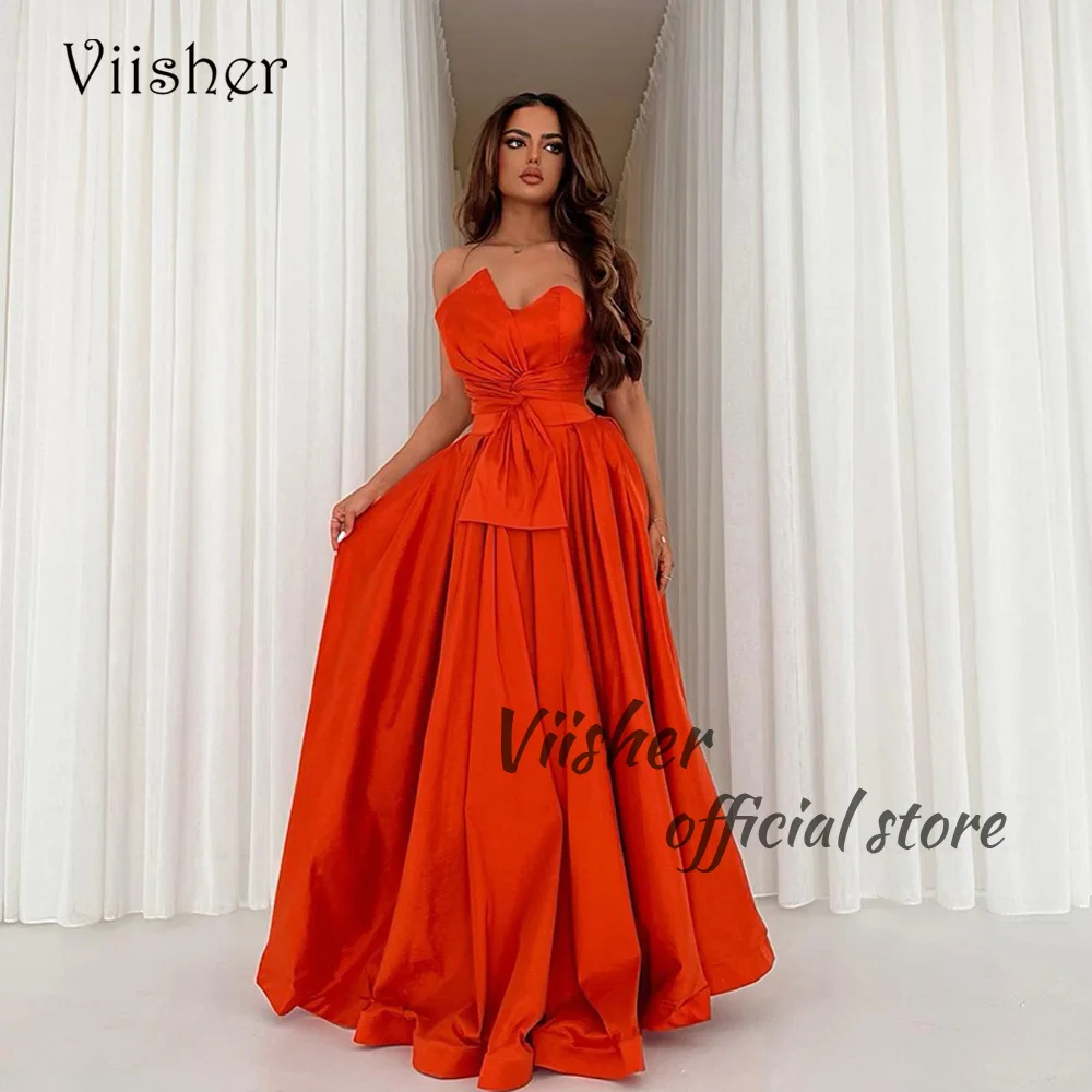 

Viisher Orange A Line Prom Dresses Pleats Satin Sweetheart Arabic Evening Party Dress with Train Long Dubai Formal Evening Gown