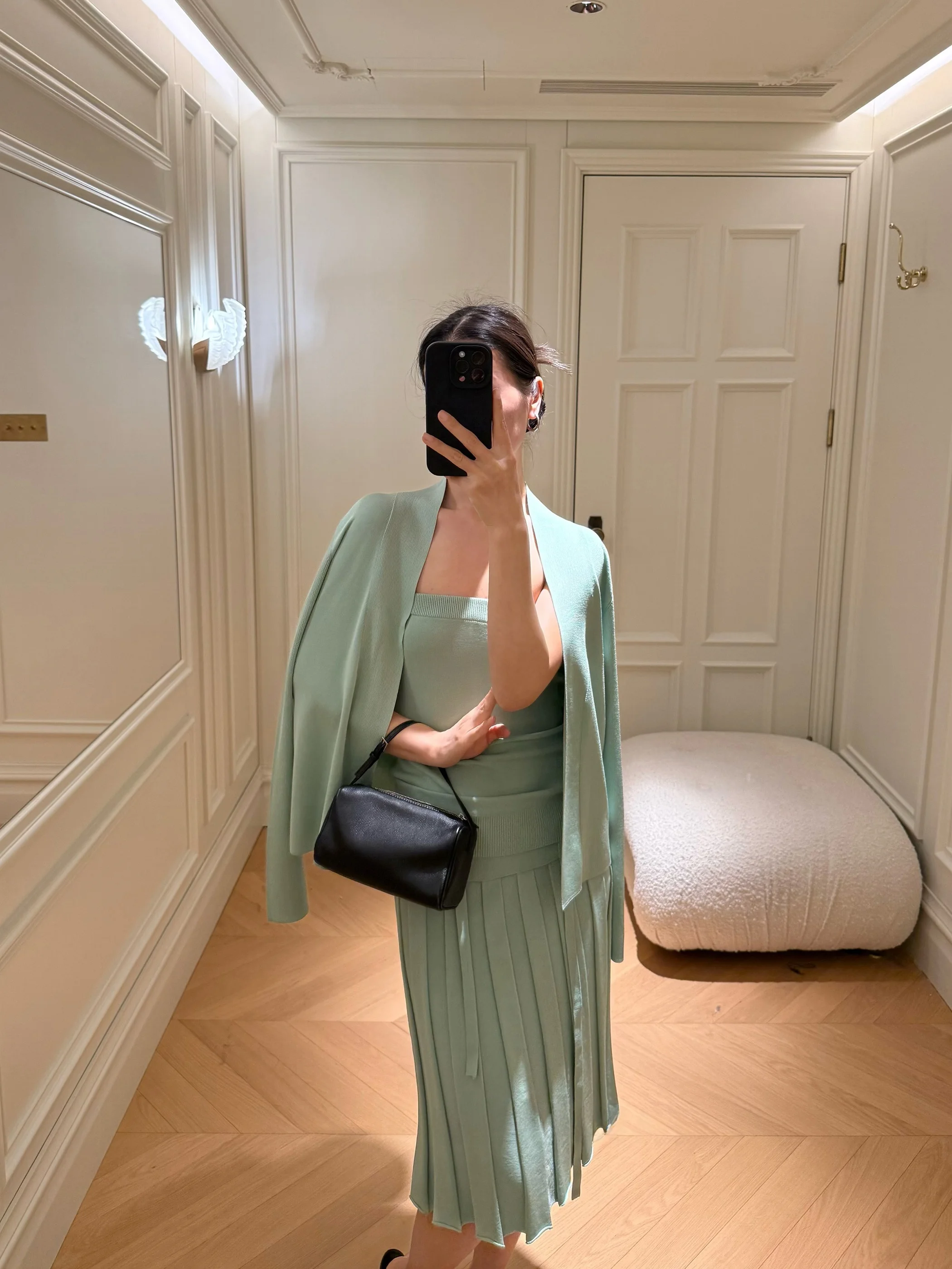 

Elegant Atmosphere Building Wrapped Low Waist Pleated Midi Skirt Three Piece Set Dalii Official Knitted Open Cardigan Strapless