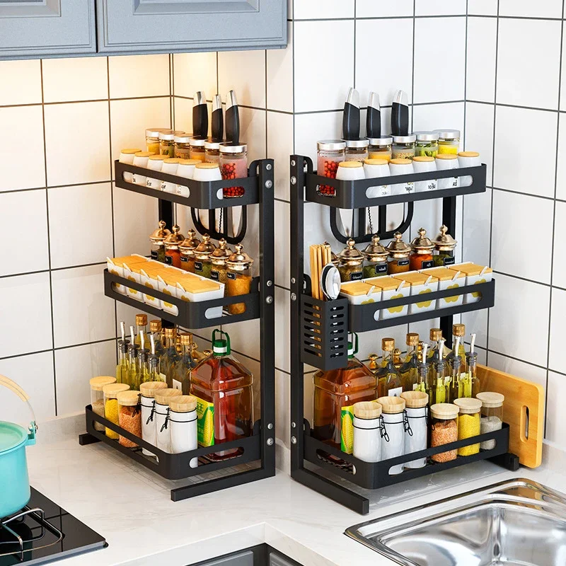 2/3 Layers Multi-function Kitchen Rack Spice Organizer Stainless Steel Wall Hanging Floor Knife Holder Storage Shelf Countertop