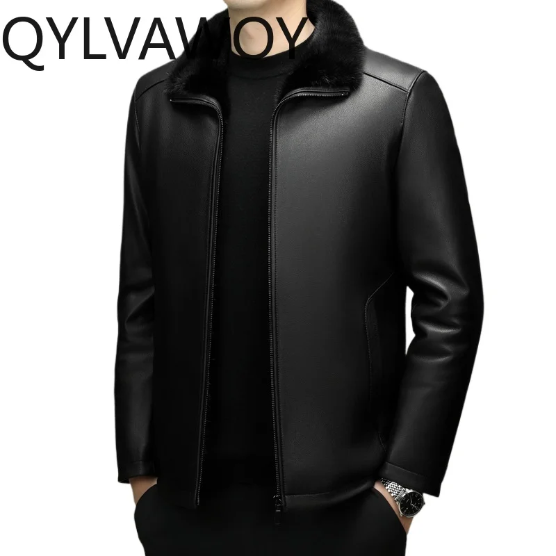 QYLVAWOY Sheepskin Real Leather Jacket Men Mink Fur Collar Thickened Coats for Man Lapel Casual Short Jackets New Куртка Зимняя