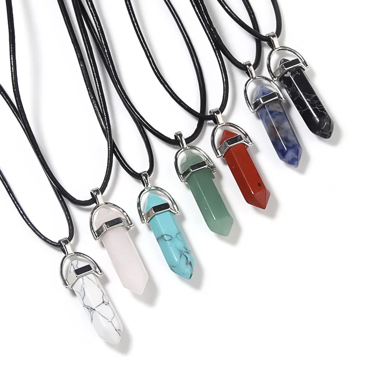 New Natural Stone Bullet Scalp Rope Necklace Hexagonal Crystal Column Pendant  Geometric  Men Women Chain